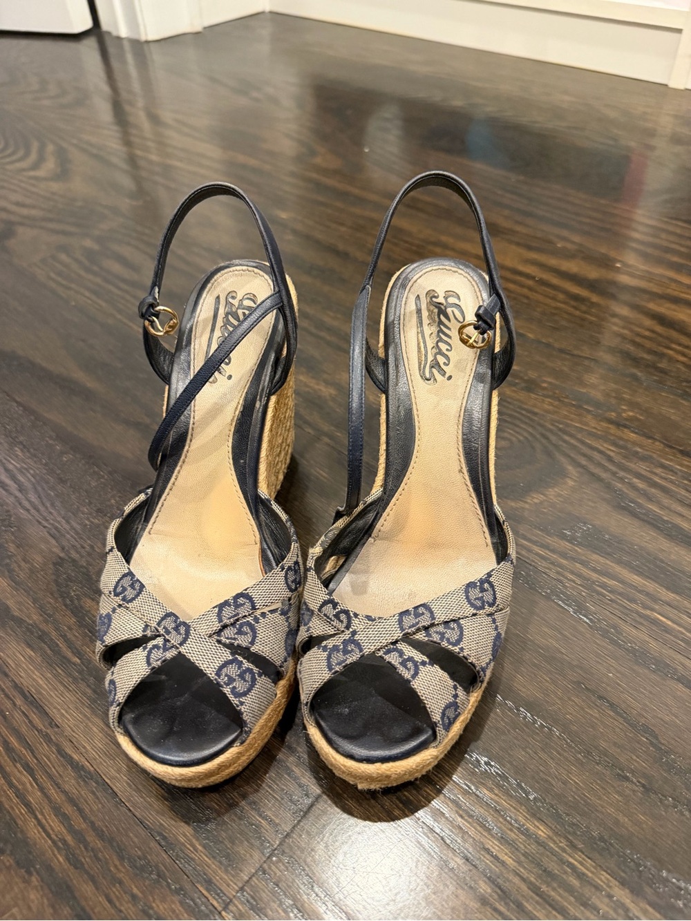 Gucci Navy and Beige Monogram Espadrille Wedge Sandals